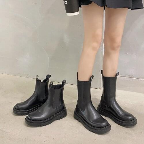 2021 Winter Women Mid Tude Boots Black Soft Leather Motorcycle Boots Casual Flats Shoes Woman Ankle Short Boot Botines Mujer