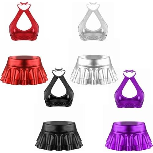 Women Faux Leather Halter Neck Cut Out Strappy Tops Vest Low Rise Layered Ruffle Mini Skirt Pole Dance Stage Cheerleading Set