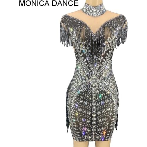 Women Sexy Sparkly Silver Rhinestone Black Fringe Transparent Short Dress Evening Birthday Celebrate Prom Bar Dancer Mesh Dress