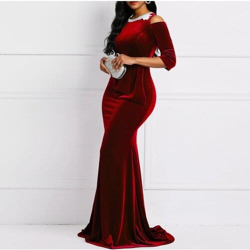 Sexy Off Shouder Ruffles Long Maxi Dress Party Dresses Women Evening Elegant Retro Red Velvet Peplum Lady Bodycon Mermaid Dress