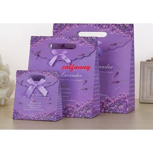 100pcs 3 Sizes Purple Craft Paper Gift Bag For Candy Cookie Makeup With Handle Christmas Wedding Party Favors Packaging F051401