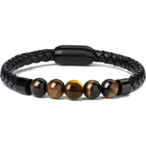 2021 Fashion charm mens Leather Bracelet lava chakra stone bead black stainless steel bracelet and bracelet mens punk jewelry