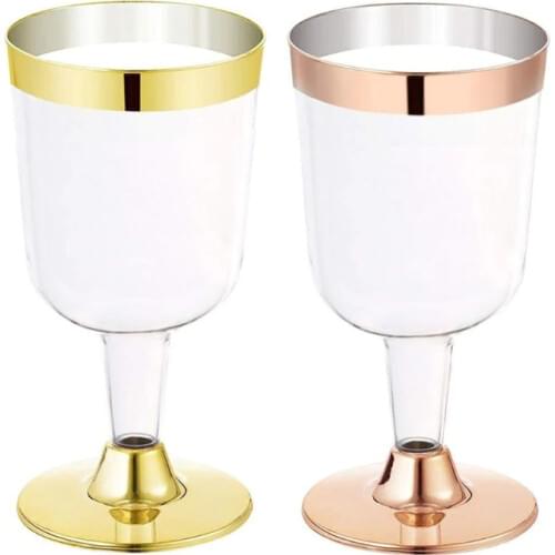 6PCS 180ML Disposable Wine Glass Gold Side Goblet Plastic Champagne Flutes Wedding Birthday Party Supplies Champagne Glasses