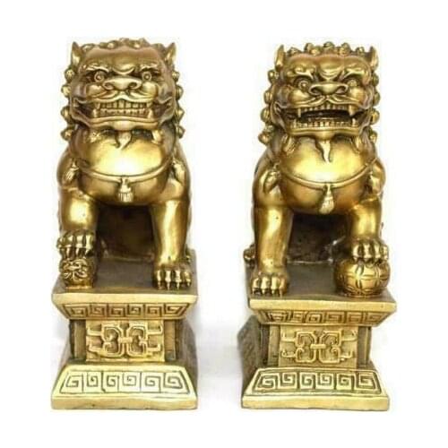 Archaic lion brass statue Fu Foo Dog fengshui Door guard lions Statues pair