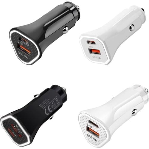 Aluminum Alloy PD 12W USB Car Charger Dual Ports Type-C 2.4A Fast Charging for Phone iPad USB C Charging Adapter Black/White