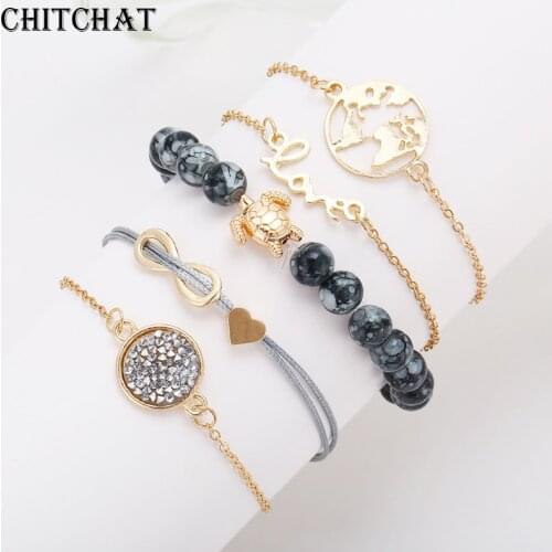 Bohemian Turtle Heart Map Letter "Love "Charm Bracelets Bangles For Women Multilayer Pendant Strand Bracelets Sets Jewelry