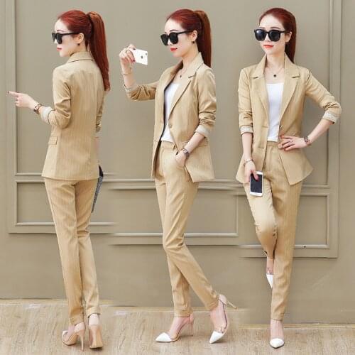 OL Fashion Pant Suits 2 Piece Sets Women Striped Jacket & Zipper Pant Office Lady Work Uniform Female Outfits Feminino blazer
