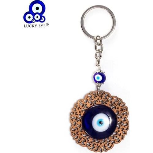 Lucky Eye Flower Charms Keychain Creative Wood Carving Keychain Glass Evil Eye Key Chain For Women Men Jewelry EY5327