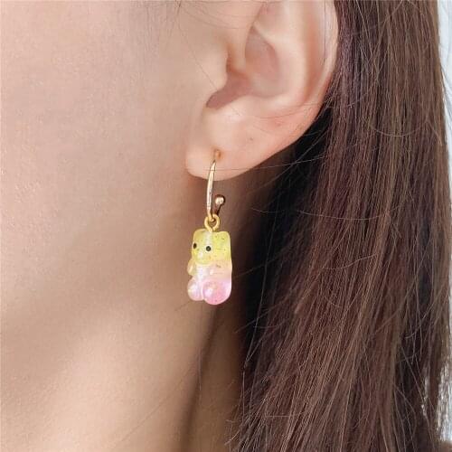 Super Cute Gold Color Hoop With Two Tone Mixted Lovely Jerry Bear Charm Earrings For Women Girl Sweet Girly Children Party Jewel