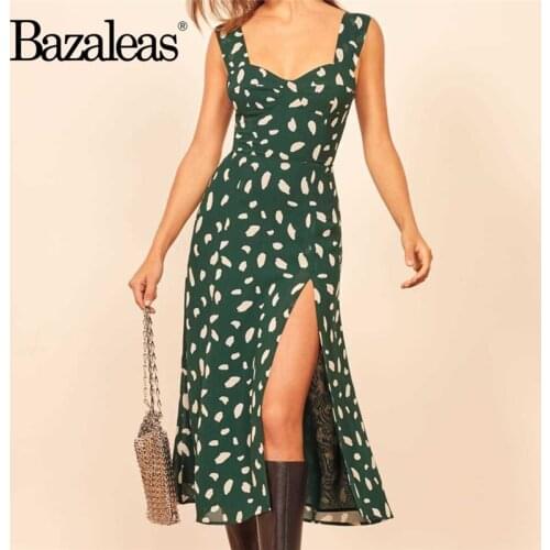 Bazaleas Elegant Chiffon Tank Dress women Chic Green Leopard Print midi Dresses Vintage Sleeveless vestidos