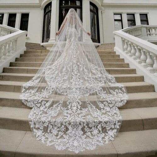 Gorgeous Designer Wedding Veils 3M Long Cathedral Length One Layer Lace Appliqued Edge Bridal Veil For Women Hair Accessories