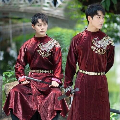 Chinese style traditional embroidery Oriental bird Narrow Sleeve round neck red Robe+belt gifted student casual formal autumn