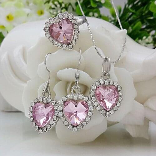 Fashion Jewelry Set 925 Sterling Silver Cubic Zirconia Heart Pink Fashion Jewelry Necklace Pendant Earrings Free Shipping s0112