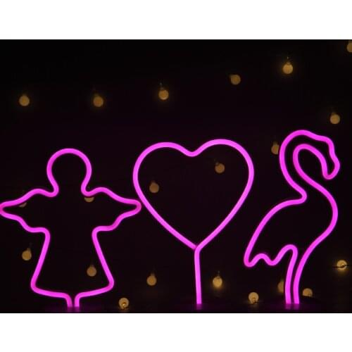 LIGINWAAT LED Neon Abajur Night Light Flamingo Angel Heart Table Night Lamp Battery Operated for Decoration Home Wedding