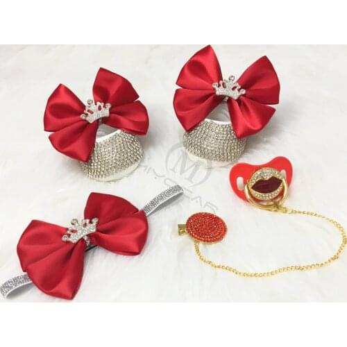 MIYOCAR red lip bling pacifier and clip set with princess red bow bling first walker shoes set unique sexy baby shower set C1