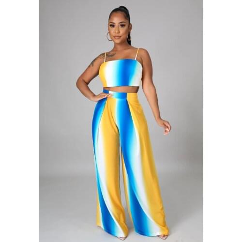 2021 INS Summer Casual Fashion Street Ladies Slim Street Sexy Print Wrap Chest Loose Wide-Leg Pants Two-Piece Set