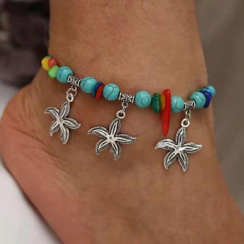 Fashion Personality Womens Anklet Retro Ethnic Starfish Pendant Round Bead Green Red Stone Anklet 2021 Trend New Party Gift