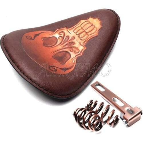 Motorcycle Retro Brown Torsion Leather Skull Logo Solo Seat+3" Spring Bracket Mounting Base Kit For Harley Bobber Saddle Seat