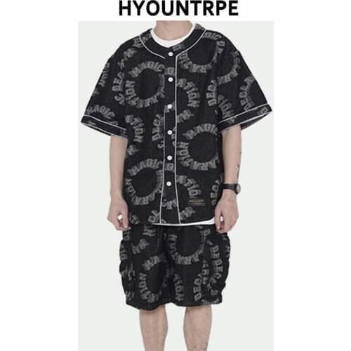 2 Pieces Sets Men Fashion Letter Embroidery Short Sleeves Baseball Tops and Elastic Waist Shorts Joggers Streetwear Hip Hop Set