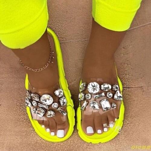 New rhinestone bright diamond slippers crystal Hollow flat Slide ladies open toe Comfort slip on Outdoor beach sandals