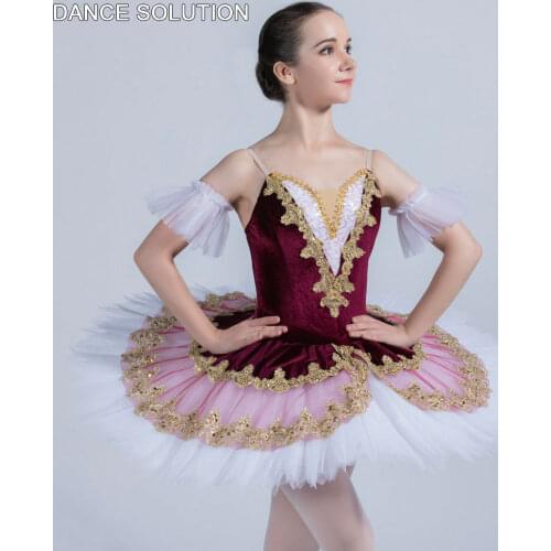 Professional Ballet Pancake Tutu with Burgundy Velvet Unitard and Gold Trim Child & Adult Stage Show Costumes Dancewear BLL138