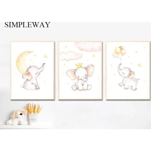 Elephant Moon Star Baby Animal Nursery Poster Child Canvas Print Simple Wall Art Painting Nordic Kids Room Decoration Picture