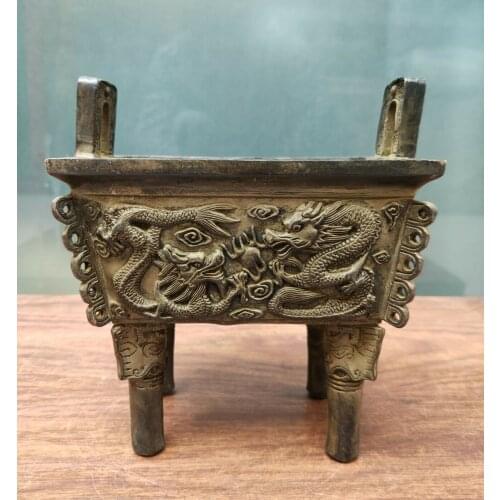 Antique Bronze Tripod China Vintage statue carved Incense Burner Lucky Censer