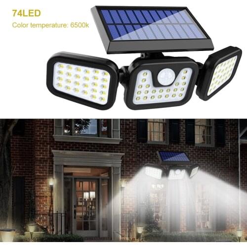Solar LED Light 2PCS 74LED 3Head Motion Sensor Remote Control Lamp Outdoor IP65 Waterproof 270 Wide Angle Illumination Wall Lamp