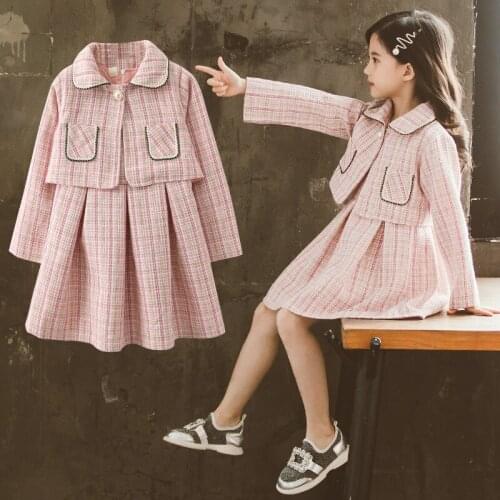 Girl spring new dress suit Girl cotton dress jacket two-piece Girl Plaid Sweet Dress Set Girl western style princess skirt suit