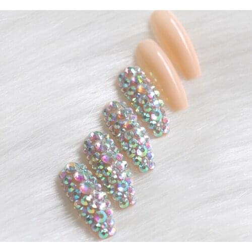 24pcs high-end fashion handmade crystal diamond long flat false nails complexion