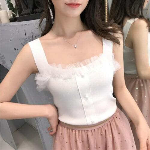 HELIAR Solid Knitted Crop Tops Women Flounce Hem Buttons Kawaii Slim Top Female Straps Cute Top For Women Ribbed