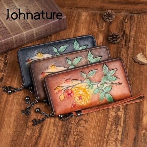 Johnature Women Genuine Leather Long Wallet 2021 New Vintage Embossed Large Clutch Wallets Card Houlder Nature Cowhide Purse