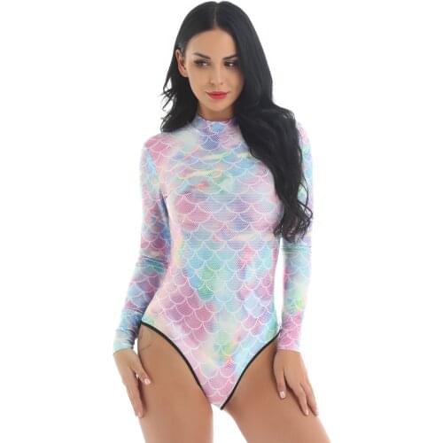 1pcs Womens Summer Swimwear Long Sleeve Rash Guard Swimsuit Mermaid Scale Print Sun Protection Quick Dry Beachwear Bathing Suit