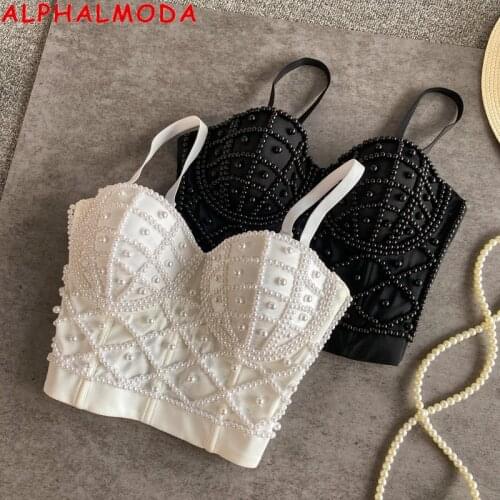 ALPHALMODA 2021 New Heavy Work Pearl Sexy Women Crop Bustier Top Luxury Style Ladies Gathered Fishbone Bra Top