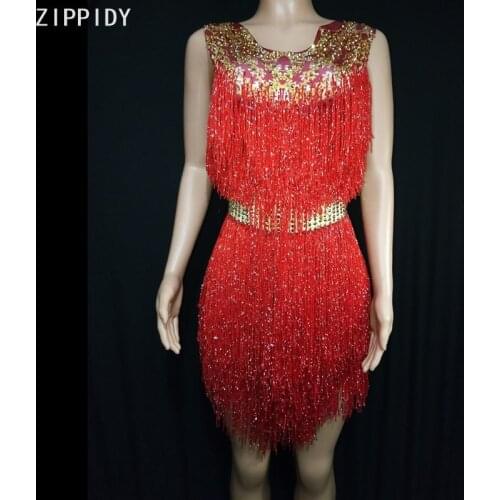 Backless Gold Stones Red Fringe Elasticity Dress Birthday Celebrate Prom Party Dress Outfit Women Dance Short Dress