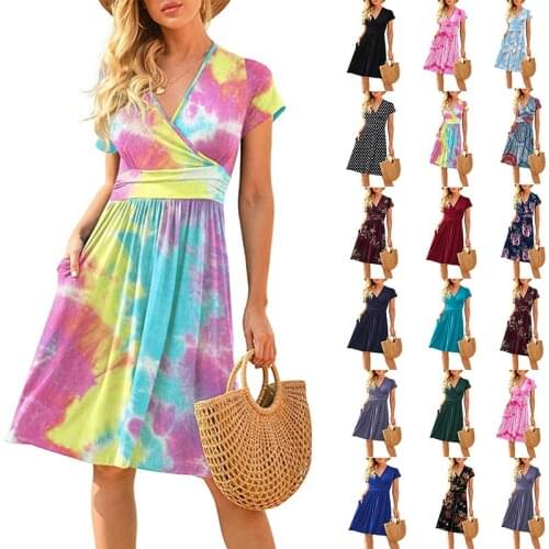 Floral Print Womens Summer Beach Knee Length Dress Pocket V-neck Short Sleeve Top A Line Casual Basic Dress Vestidos De Mujer
