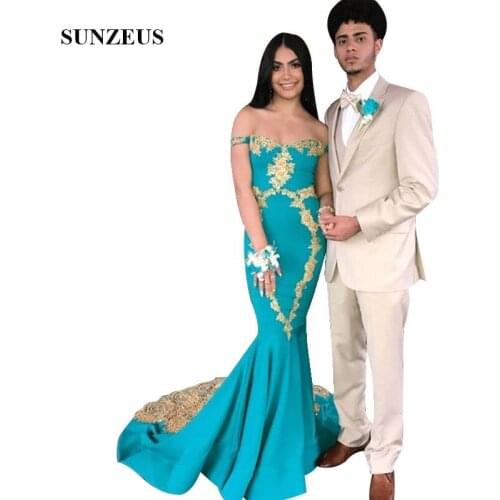 Off Shoulder Turquoise Prom Dresses With Gold Appliques Lace Sweep Train Long Party Gowns Women Vestidos De Novia 2019