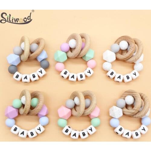 1PC Custom Name Silicone Teether Bracelet Teething Beads Wood Ring Bead Baby Teether Teething Toys Wooden Toys For Baby Rattle