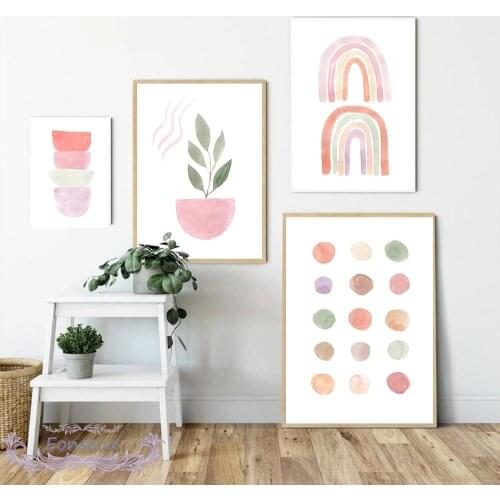 Abstract Cartoon Pink Rainbow Plant Leaves Poster Nordic Colorful Canvas Painting Wall Art Print Picture for Living Room Decor