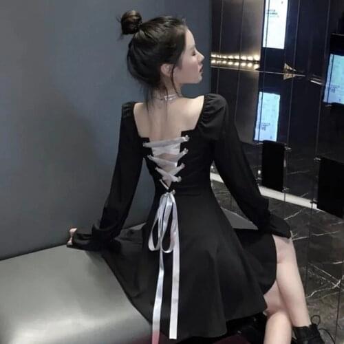 Bandage Dress Female Black Dresses Long-sleeved Dress Sexy Waist Waist Design Vintage Black Harajuku Dress Party Dresses Women