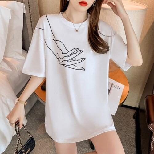 Plus Size Cotton White Shirt Fashion Tops Women 2021 New Summer Short Sleeve Tshirt Ladies Print O Neck Loose Women Casual 13396