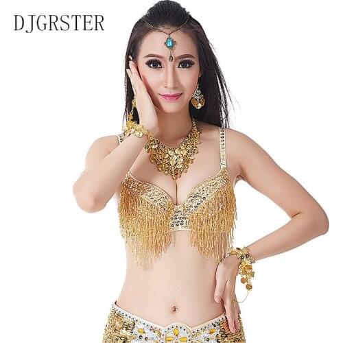 DJGRSTER Sequined Belly Dance Bra Top Beaded/Diamond/Dance/Carnival Bra Fringe Sexy Indian Dancing Costume 34/75C Cup 10 Colors