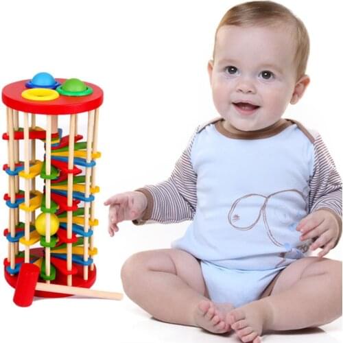 Baby Toys Pounding and Roll Wooden Tower with Mallet Early Educational Toys for Kids M09