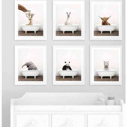 Baby Animals In Bathtub Poster Alpaca Giraffe Prints Panda Canvas Painting for Bathroom Decor Nursery Wall Art Nordic Pictures