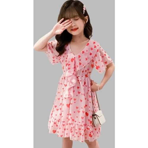 Girls Dress Heart Pattern Dress For Girl Summer Kids Ruffles Dresses Casual Style Childrens Clothing 6 8 10 12 14