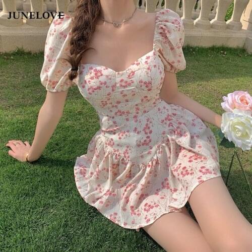 JuneLove Kawaii Sexy Floral Dress for Women Summer 2021 Evening Elegant Beach Party Mini Dress Fashion Print Sweet Cute Sundress