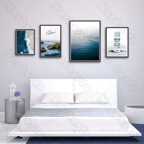 Canvas Painting Poster Seaside Scenery Blue Sea Mountain Letters Today Is Your Day Get On Your Day for Home Rooms Decoration