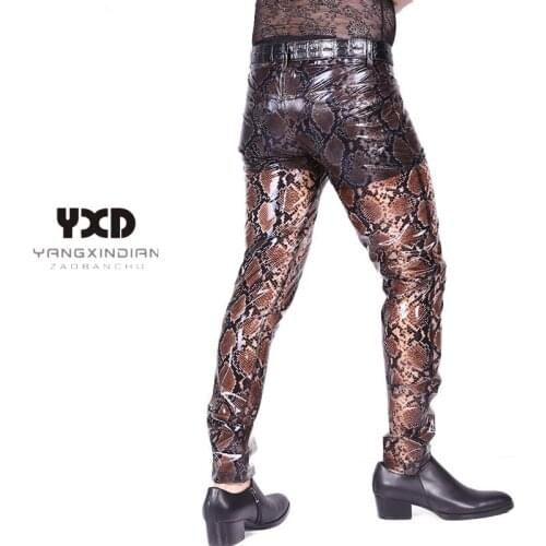 Mens Translucent Snake Printed PU Leather Pants Man New Sexy Python Pattern Straight Pants Men Casual Trousers Club Bar Costume