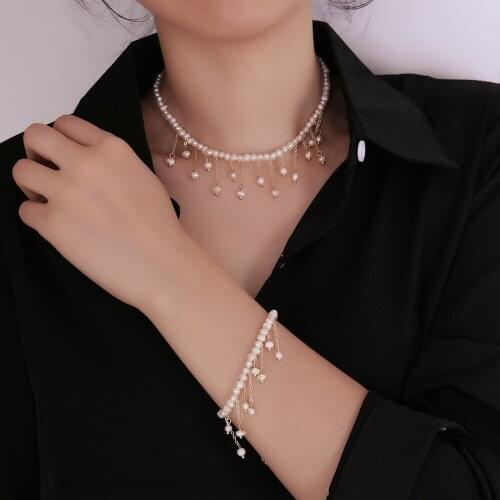 Natural Freshwater Pearl Necklace Bracelet Set Design Style Chic Special-Shaped Pendant Collarbone Chain Lady Jewelry Set