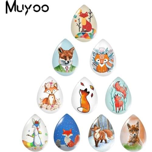 2019 New Little Red Foxes Blue Floral Tear Drop Glass Dome Cabochon Fox Art Cabochons Photo Hand Craft Jewelry
